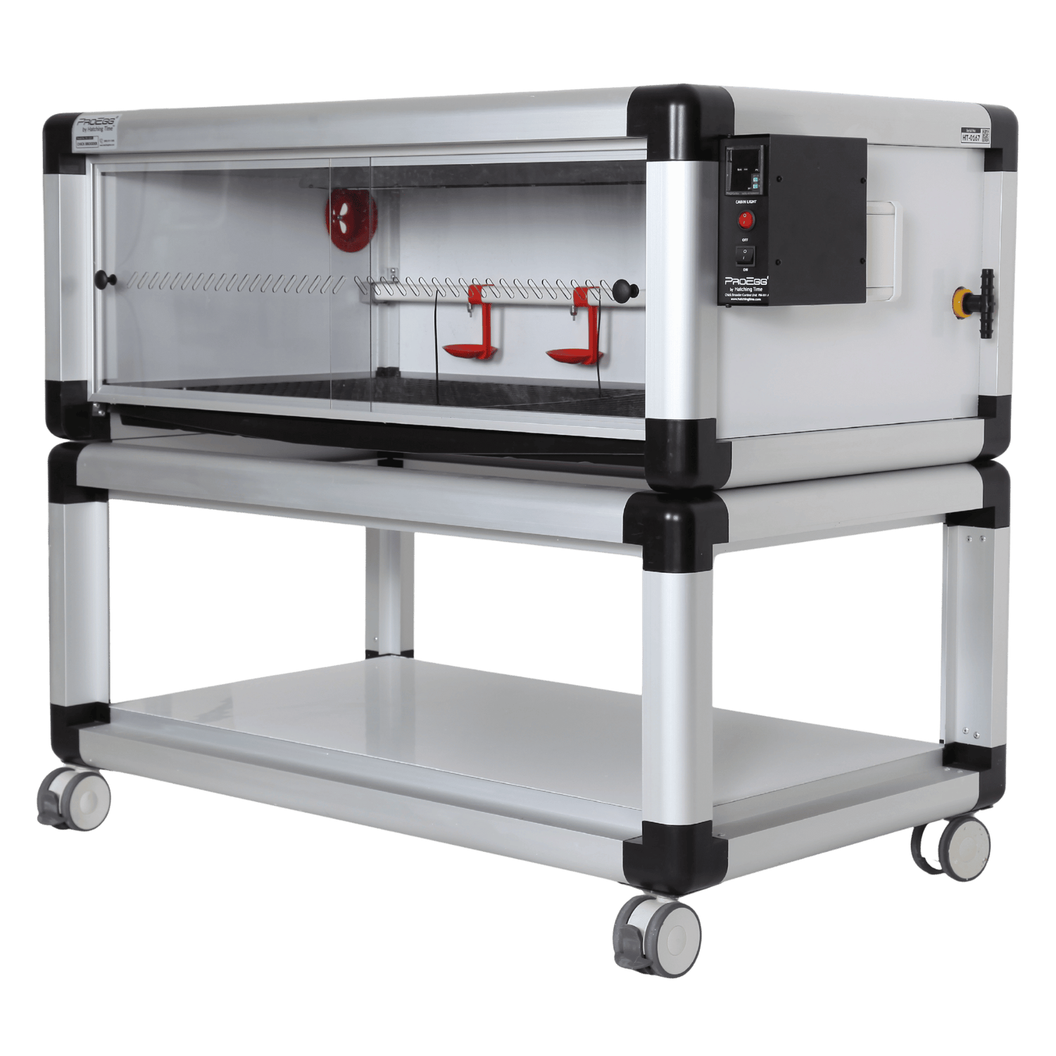 Hatching Time Cimuka. CB Series chick brooder 2 layer visible with feeding trough on front, water reservoir on top of system.